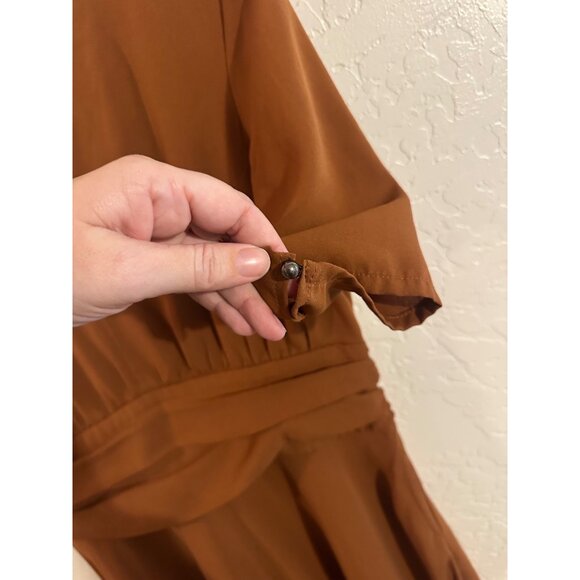 Y eShakti Retro Mocha Brown V Neck Ruched Middle Swing Midi Dress - Picture 9 of 15